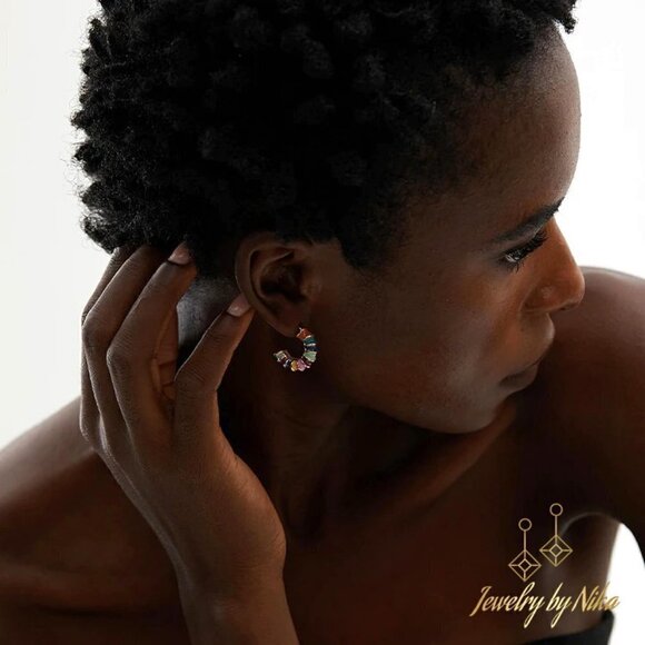 NEW 14K Yellow Gold Multicolor Enameluxe Boho Unique Hoop Luxury Stud Earrings - Picture 10 of 15